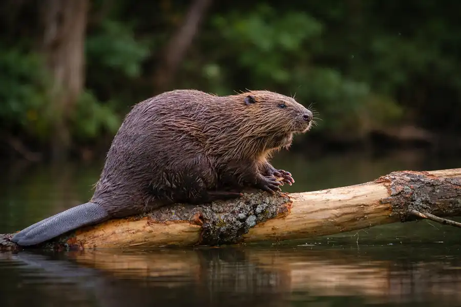 Бобер сидить на колоді над водою