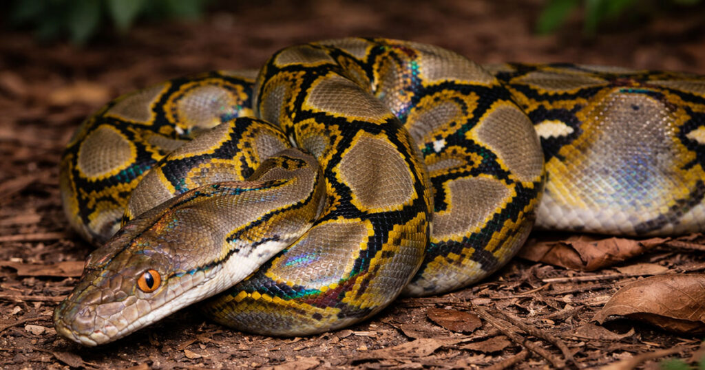 На фото пітон сітчастий (Malayopython reticulatus)