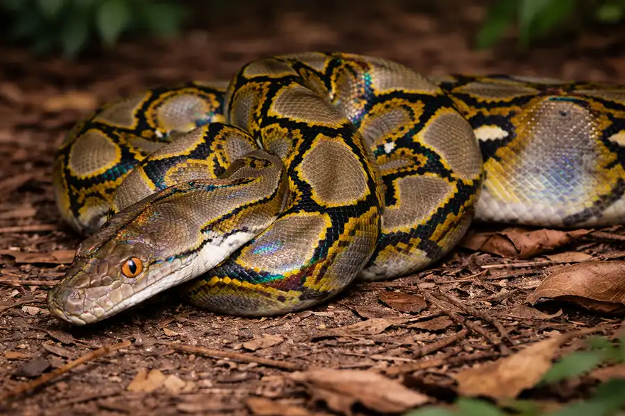 Зображений сітчастий пітон (Malayopython reticulatus), що лежить на землі