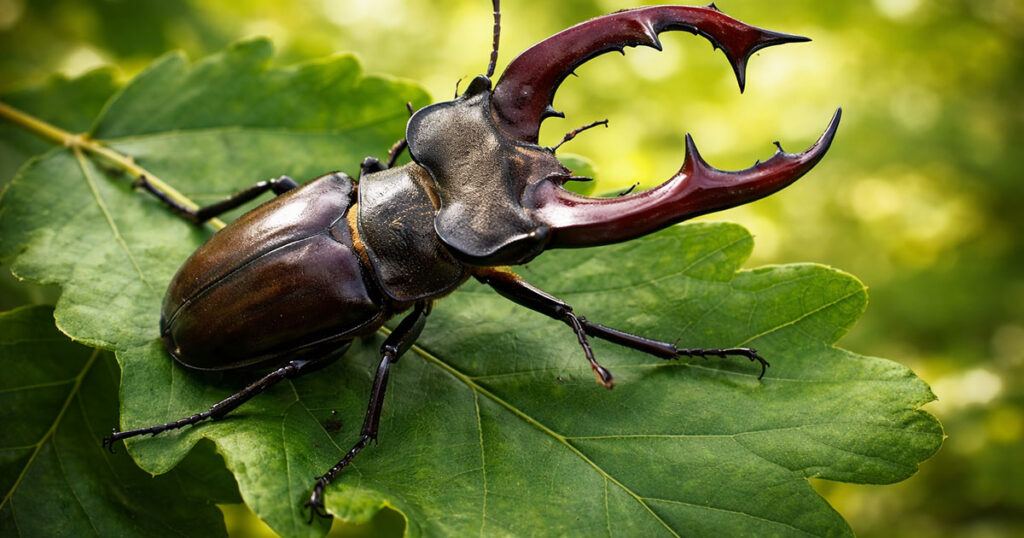 Жук-олень (lucanus cervus) на листку дуба