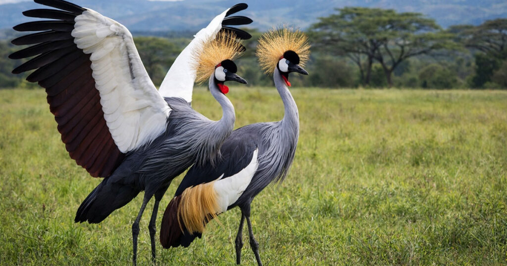 Пара вінценосних журавлів у саванні