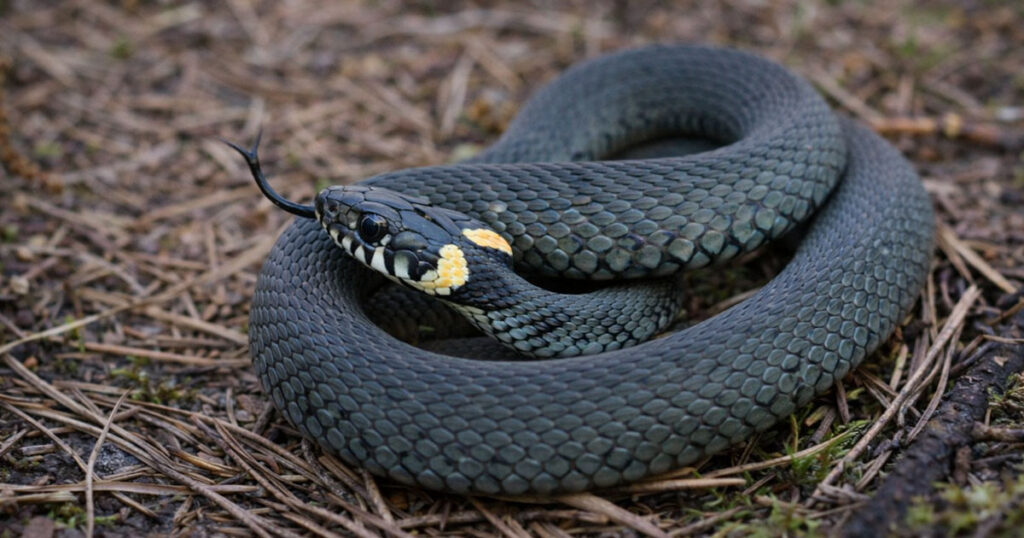 Вуж звичайний на лісовій підстилці