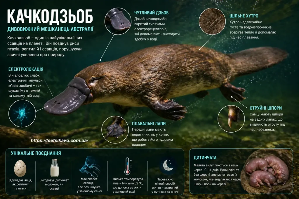Качкодзьоб чи качконіс (Ornithorhynchus anatinus) - інфографіка