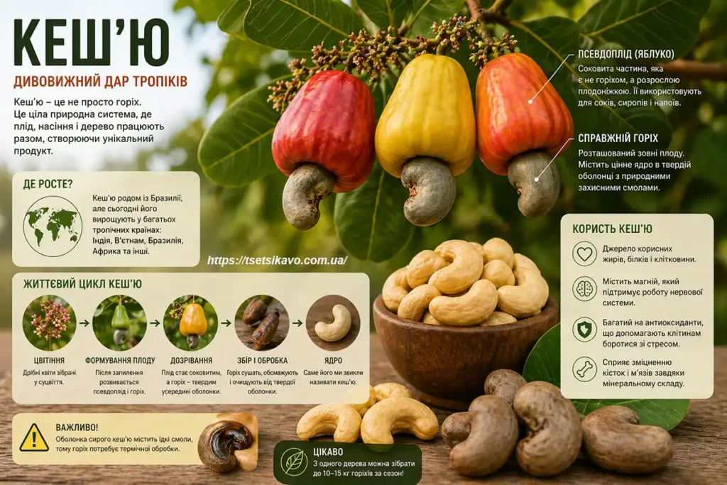 Інфографіка про горіх кеш’ю (Anacardium occidentale)