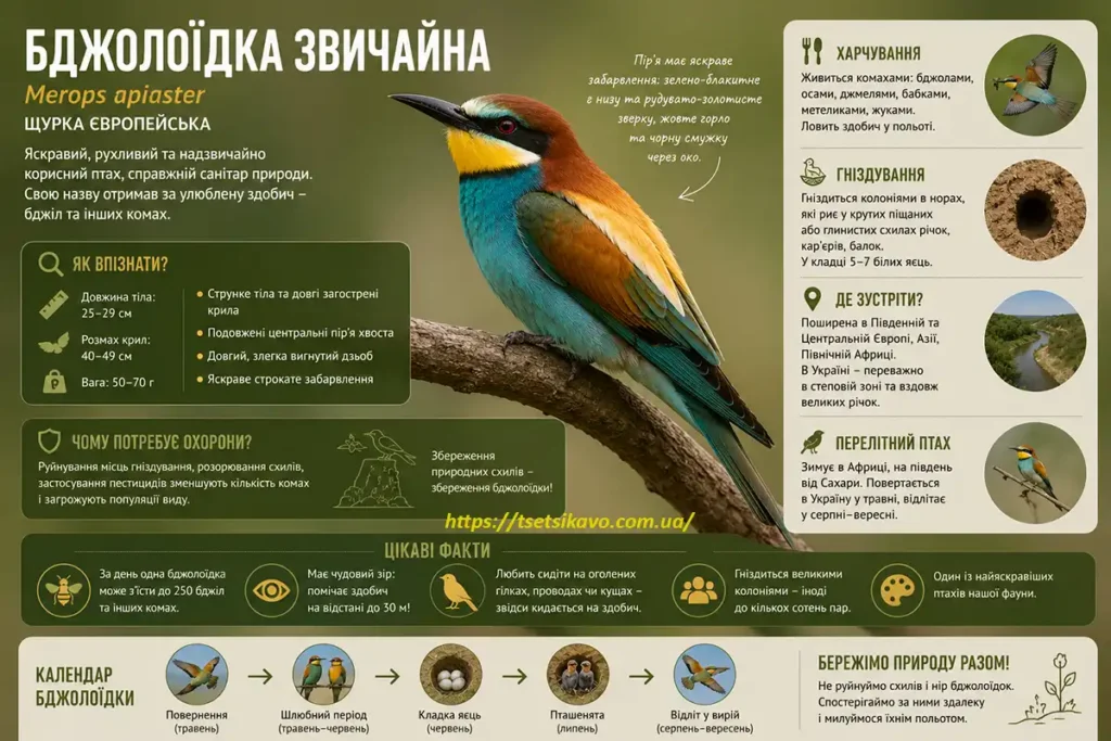 Інфографіка про бджолоїдку звичайну (Merops apiaster)
