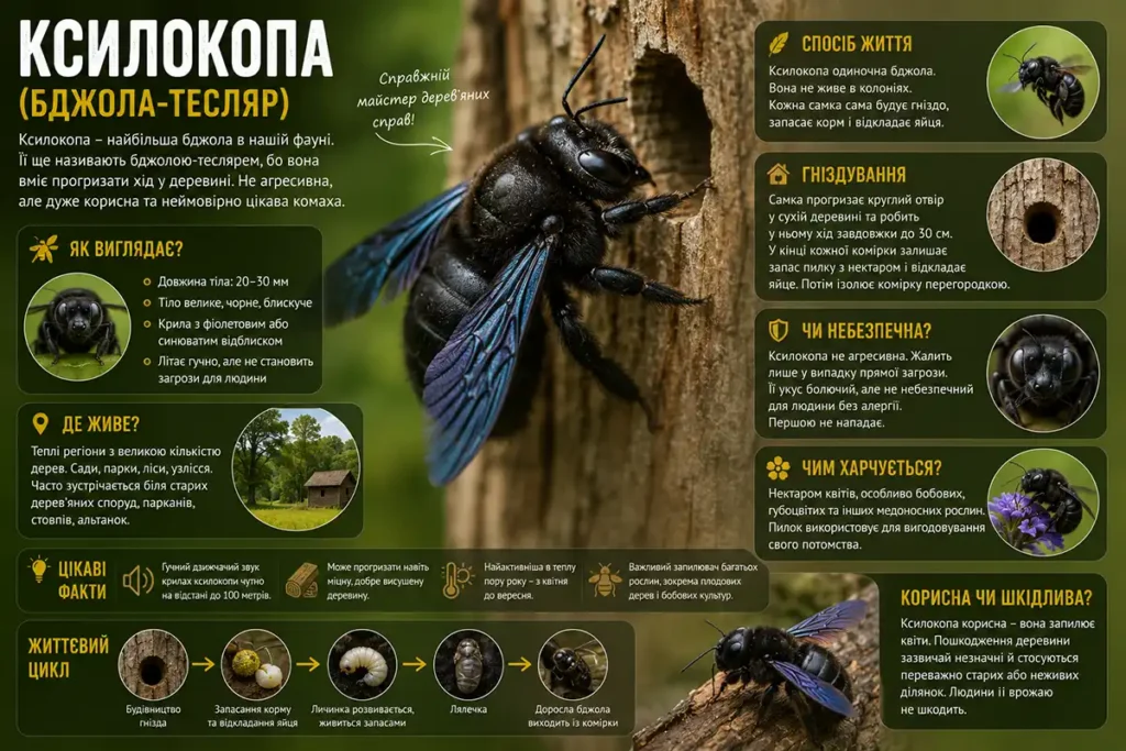 Інфографіка про бджолу-тесляра (ксилокопа)
