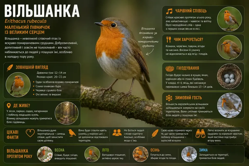 Інфографіка з характеристиками птаха вільшанка звичайна або малинівка